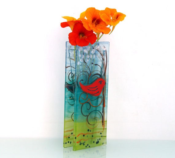 Fused glass vase, orange bird on spring landscape