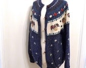 Blue Cardigan with Fair Isle Floral Basket Motif / Large Wool-Blend Sweater/Buttons/ Women/ Men
