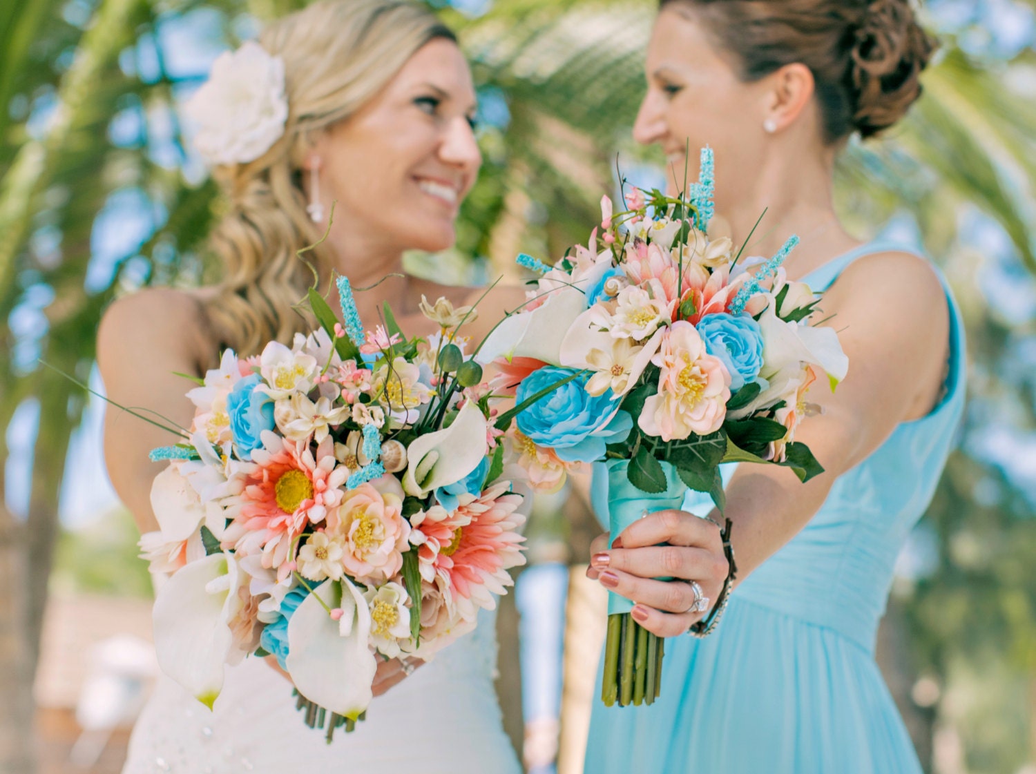 Destination wedding Flowers Custom Beach Bouquets 4 piece Package Aqua Malibu Coral Bridal party accessories bridesmaids, boutonnieres