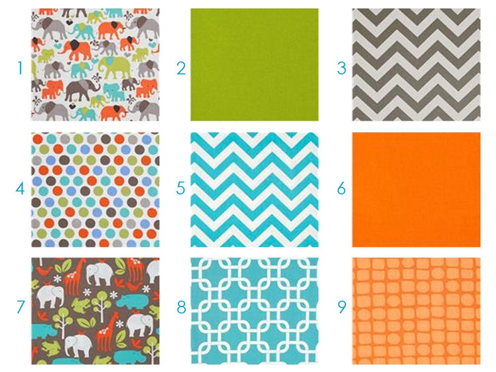 ELEPHANTS Orange, Aqua, Lime Green and Brown - - Custom Crib Bedding Set - Chevron - Grey, Gray