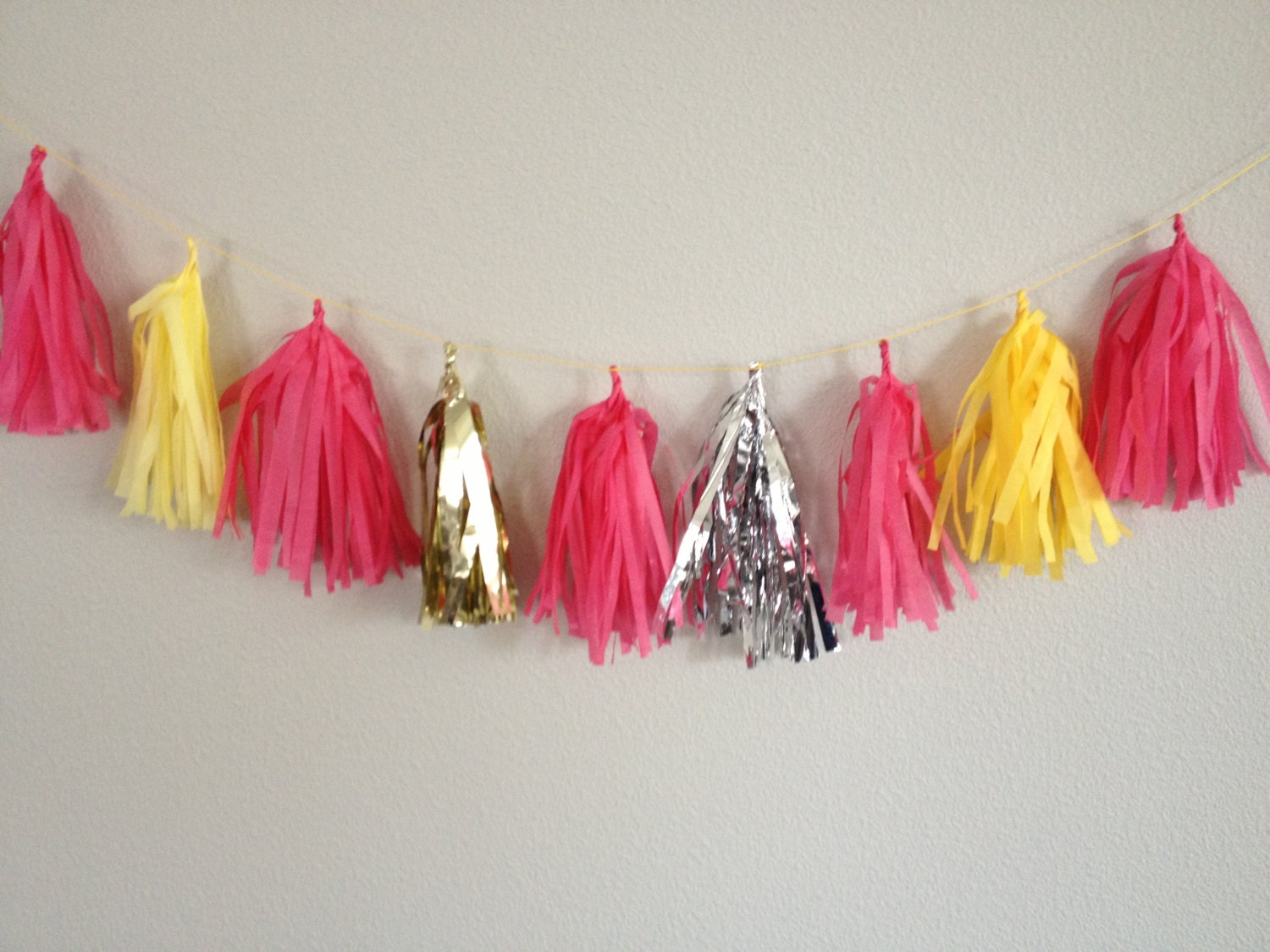 Tasseled Garland - Pink Lemonade - Buttercup Yellow Pink Coral Gold Silver Tassels - 9 Tassels - Metallic Il_170x135