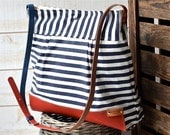 BEST SELLER Diaper bag / Messenger bag STOCKHOLM Navy blue and white geometric nautical striped  Leather / Featured on The Martha Stewart
