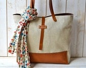 Eco friendly ORGANIC LINEN Medium  French  tote bag  with Brown Leather strap / Market tote Bag