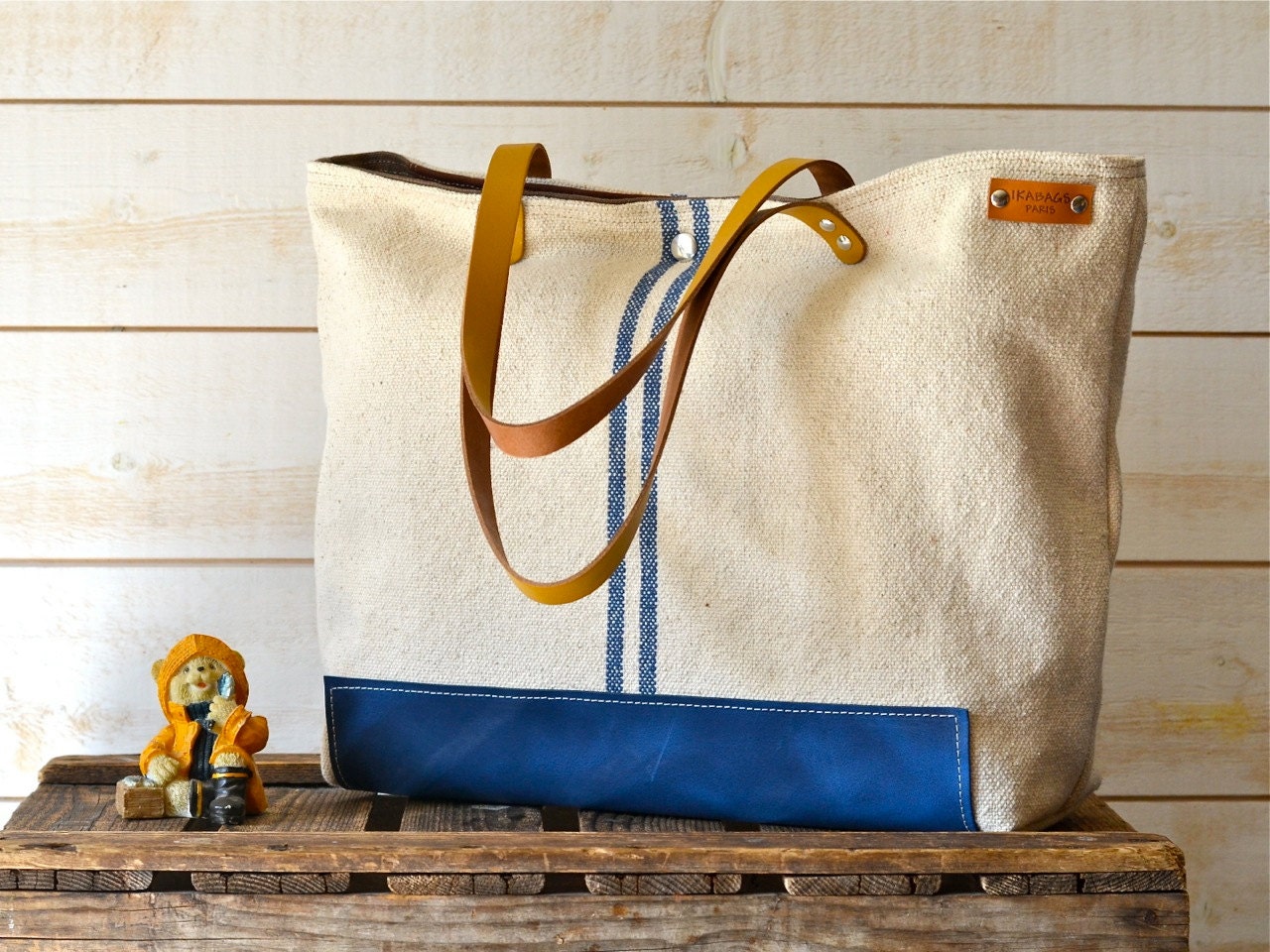 COTTON TOTE BAG /  Blue French  tote bag  Striped with Mustard Leather strap / Market tote Bag / Eco friendly