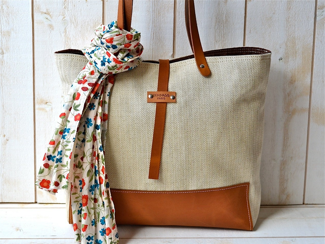 Eco friendly ORGANIC LINEN Medium  French  tote bag  with Brown Leather strap / Market tote Bag