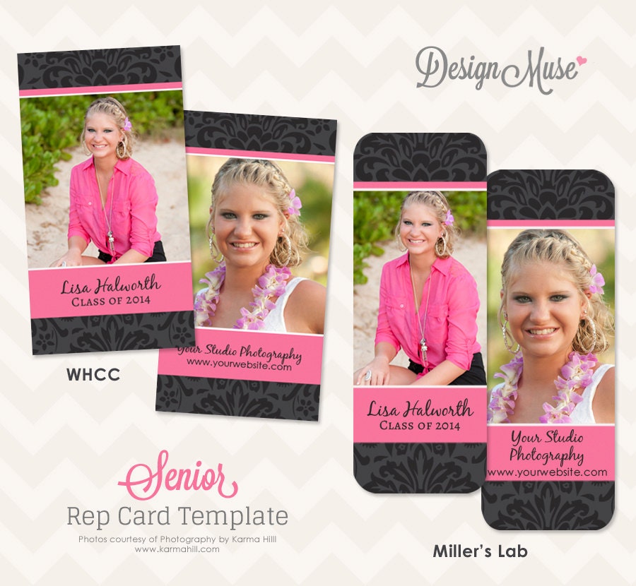Senior Rep Card Template - Damask Pink and Black - INSTANT DOWNLOAD