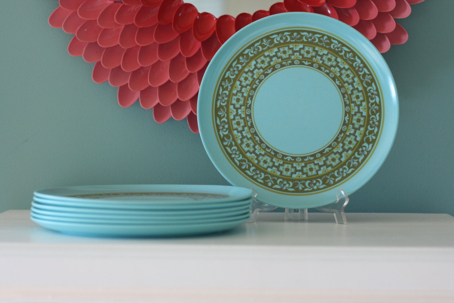 Vintage Mid Century Melmac Blue and Brown 9 1/2" Plates Set of Seven