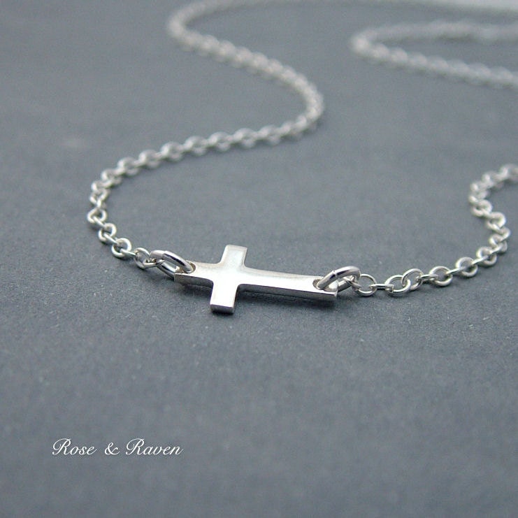 Dainty Sideways Cross Necklace, Sterling Silver, Dainty Cross, Horizontal Silver Cross Jewelry