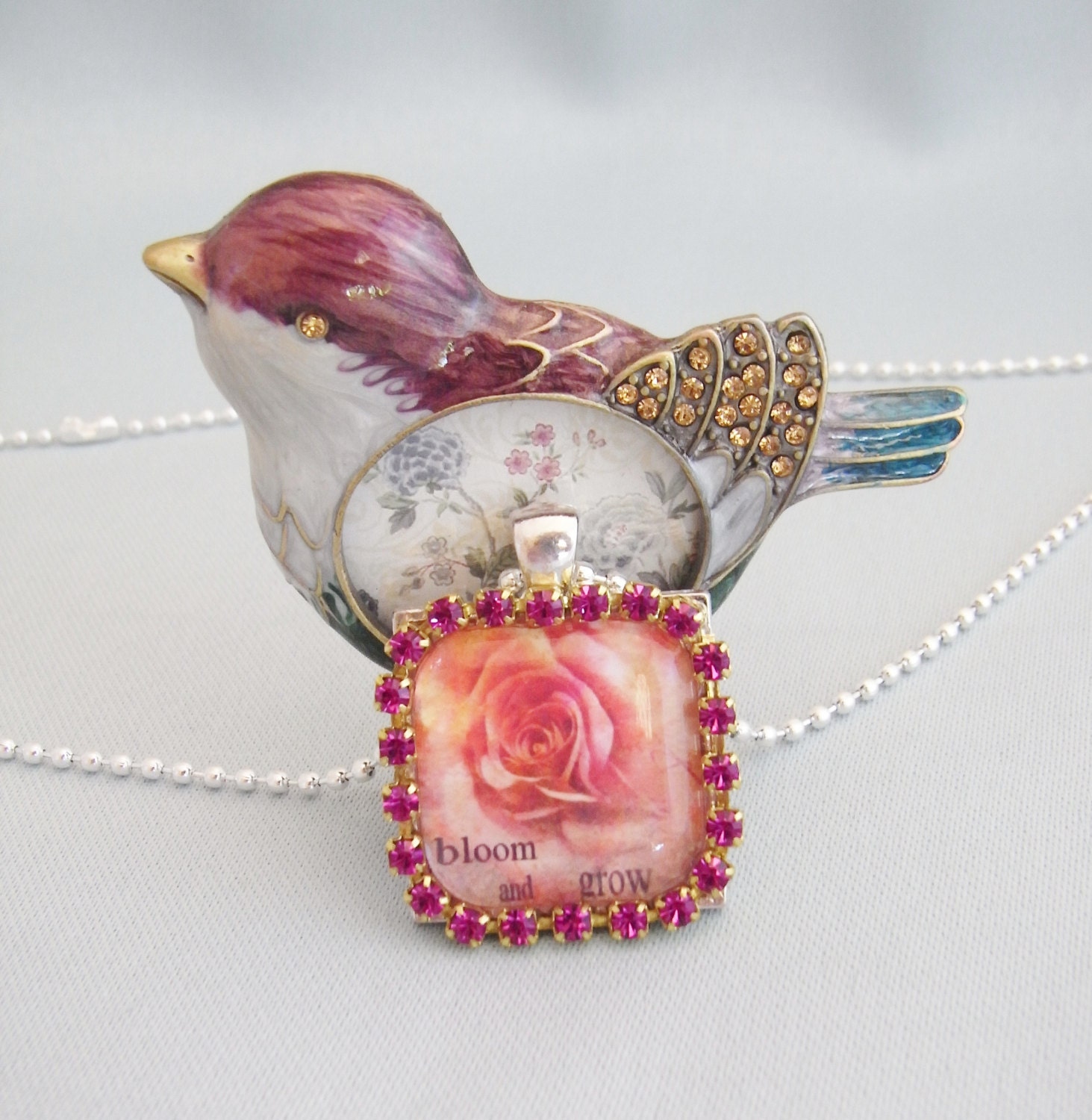 rose pendant, quote Bloom and Grow, deluxe rhinestone edition, sparkling rose crystal