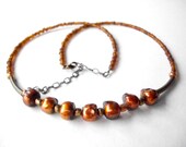 Brown pearl necklace, rustic beaded wabi sabi layering necklace with antique brass tubes