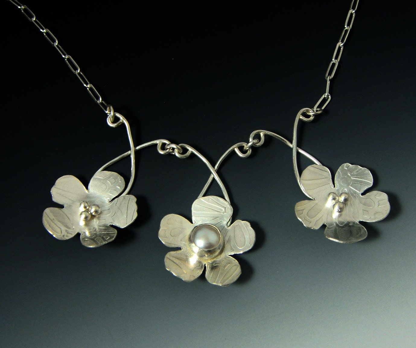 Tre Fleur, sterling silver flower and freshwater pearl statement necklace, hancrafted artisan jewelry by jewelrybyfrancine on etsy
