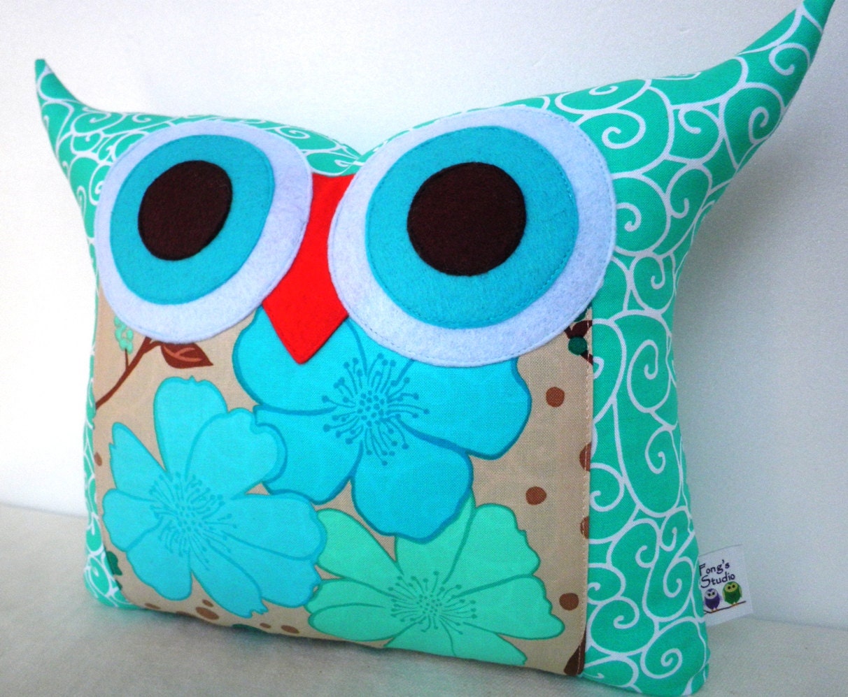 Aqua/ teal/Flower bed owl pillow/for her/room decor/decoration cushion/Ready to ship