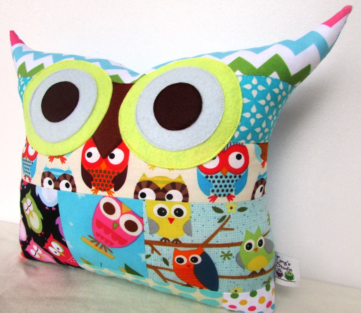 Orange/Aqua blue PATCHWORK home and living decor/owl print owl family owl pillow/Ready to ship