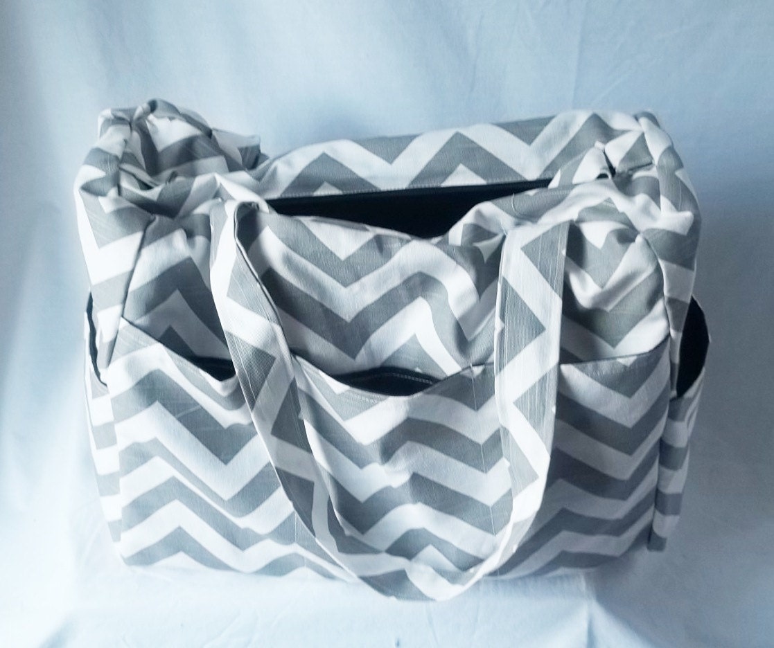 Chevron diaper bag with zippered closure - Grey chevron baby bag - zig zag medium weekender -Made to Order