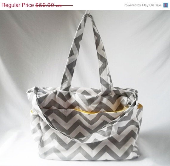 Weekend Sale - Chevron diaper bag with zippered closure - Grey zig zag medium weekender - Made to Order