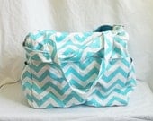READY TO SHIP - Chevron diaper bag with zippered closure - Aqua Blue chevron baby bag - zig zag Large weekender