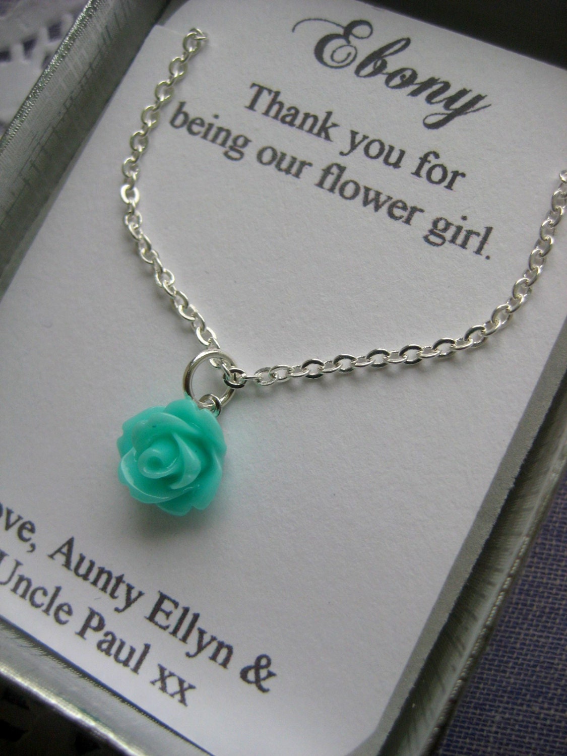 Flowergirl gifts, small sized rose necklace, personalized notecards, free jewelry box. Multiple order discount available.