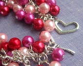 30% SALE Valentines Day cluster bracelet, heart toggle clasp, red, pink.