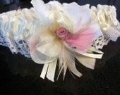 Bridal garter pink rosette feathered  lace elegant embellished