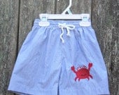 READY TO SHIP Size 6T Boys Navy Pinstripe Trunks with embroidered crab
