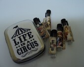 Life's A CIRCUS Perfume Sample Tin & 5 artisan perfume oil sample ampules