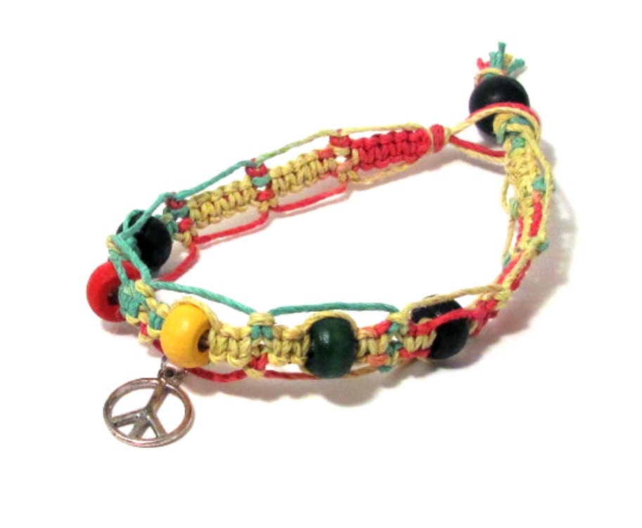 Rasta Hemp Anklet with Peace Sign Charm