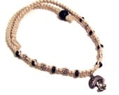Mushroom Hemp Necklace - Black Wood & Metal Flower Beads