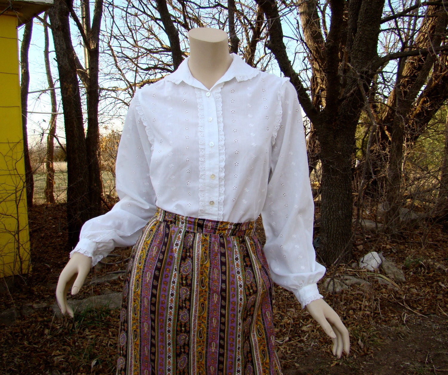 Sweet White Blouse- Eyelet Lace- Ruffle Trim- 1980's Light, Sheer Cotton Top