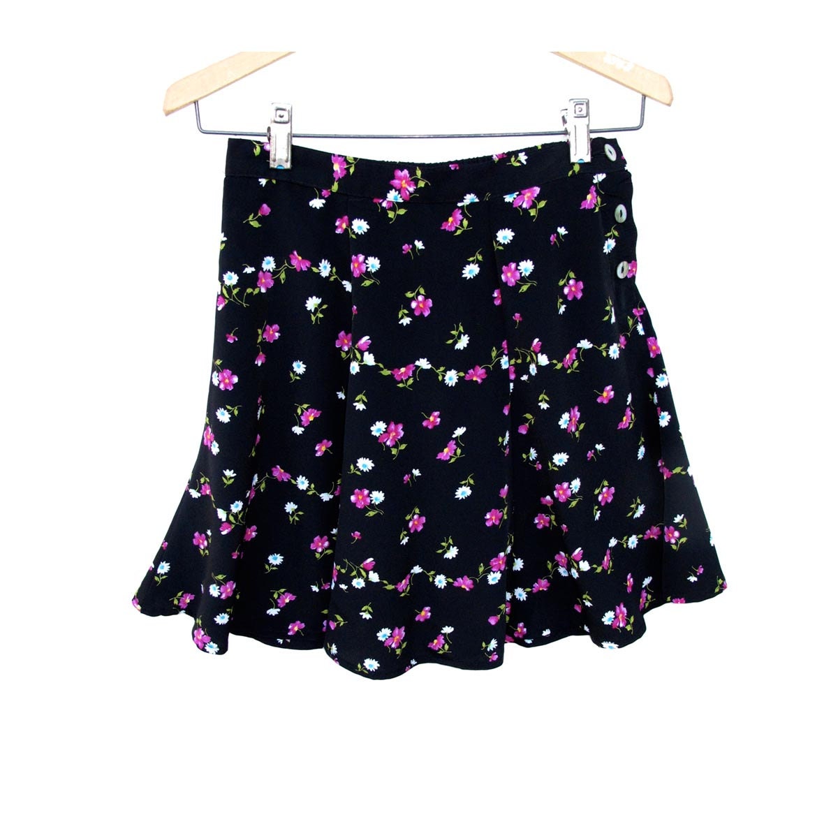 80s Floral Skirt Ditzy Floral on Black Partial elastic waist, LIA Summer Mini Easy fit S small