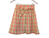70s High Waist Yoke Skirt, Plaid Checked Skirt Mini, Homemade Short Skirt Multi Color Strawberry Pink Green XS S 25.5 in. waist