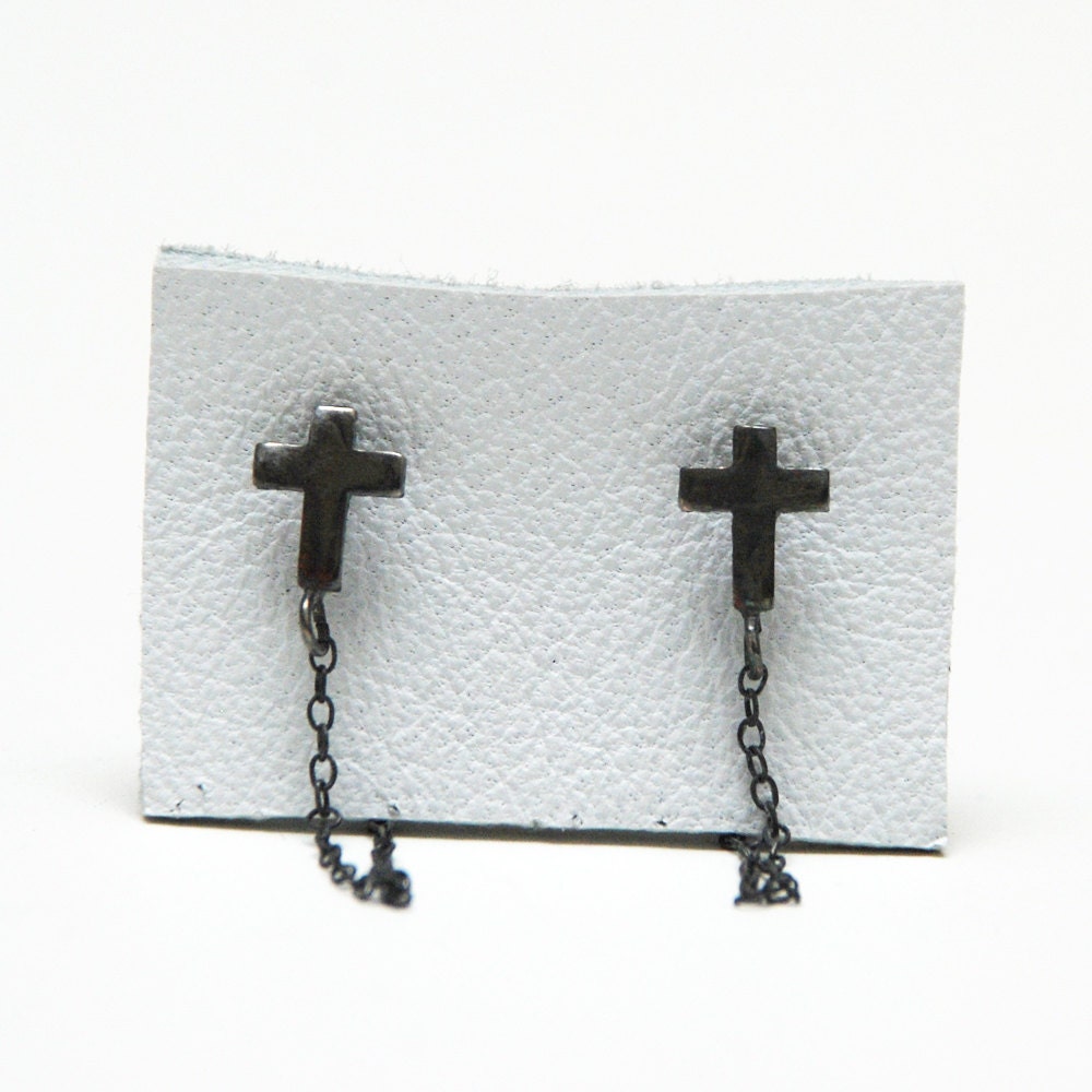 Black Sterling Silver Chained Cross Earrings