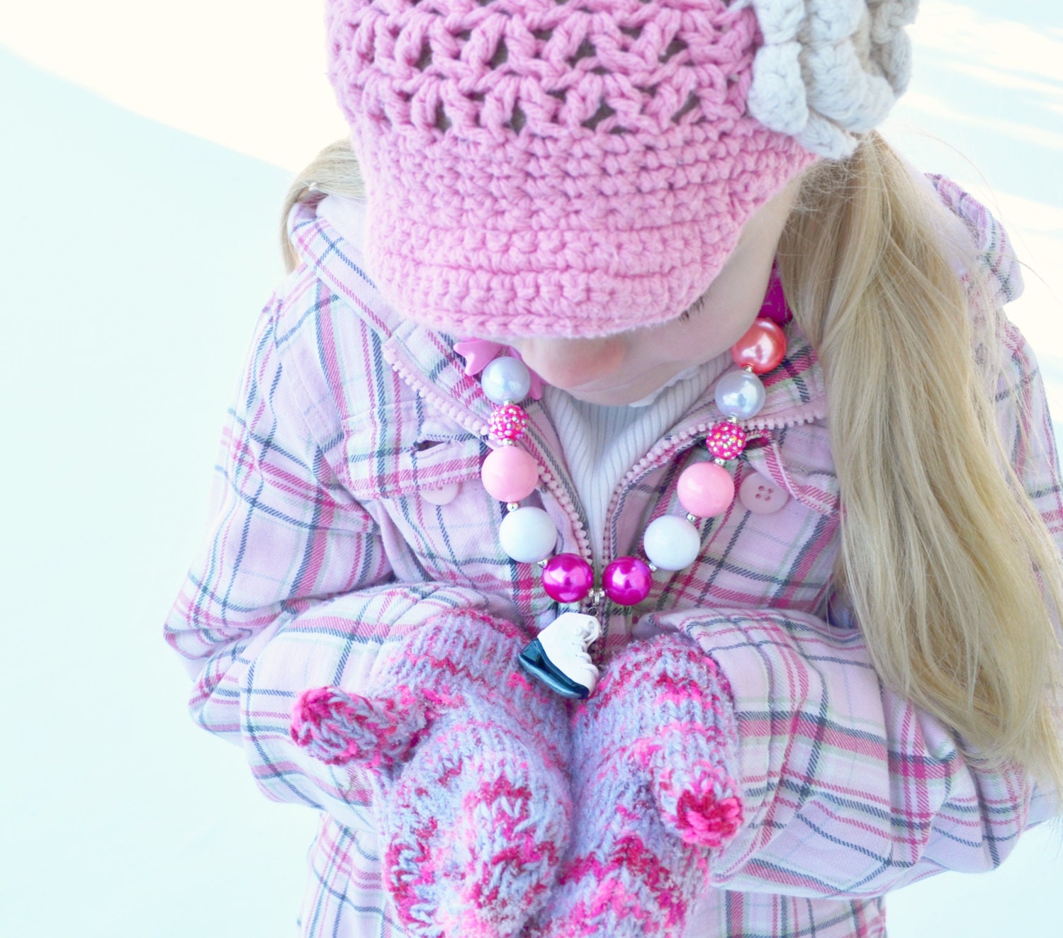 Ice Princess Chunky Necklace pink with Figure Skate pendant - bow detail, figure skating, birthday, bubblegum gumball bead necklace