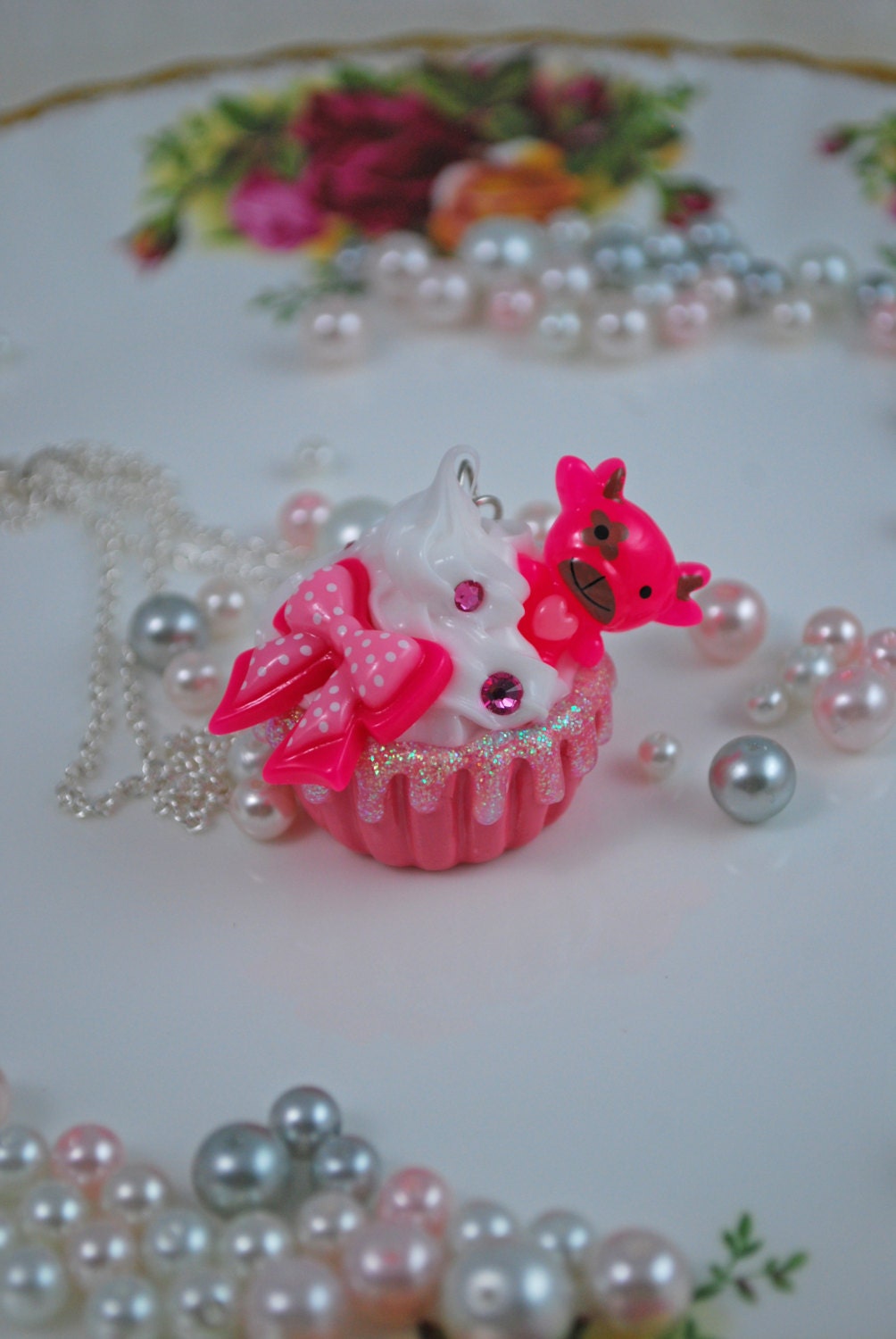 Pink Cute Cow and Bow Cupcake Necklace