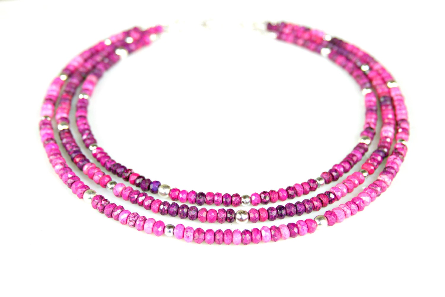 Hot Pink & Purple Triple Strand Necklace - Imperial Magenta PINK PURPLE Jasper Fancy Cut Summer Boho Tribal Layered Necklace by Mei Faith