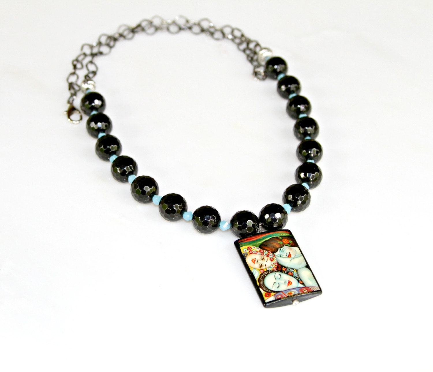 Hand Painted Pendant Necklace - Unique Blue Women Onyx Pendant with accenting Agates and Metal Link Chain Vintage Necklace by Mei Faith