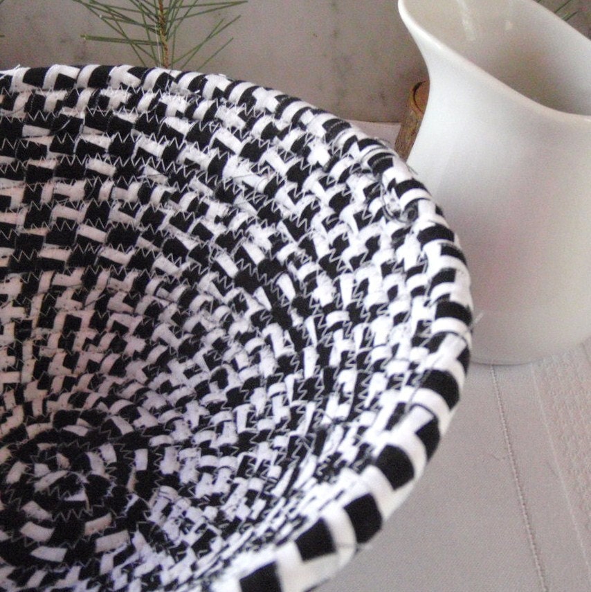 Coiled Fabric Basket - Elementary - Black and White, Graphic, Bold, Handmade Coiled Bowl, Catchall for Keys, Cellphone, Pocket Change