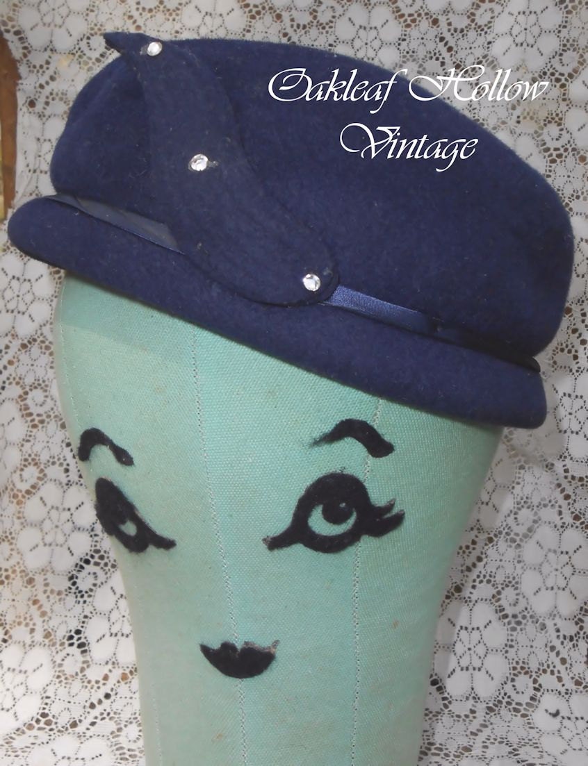 Vintage Ladies Wool Hat Dark Blue 50s 60s Henry Pollack Company
