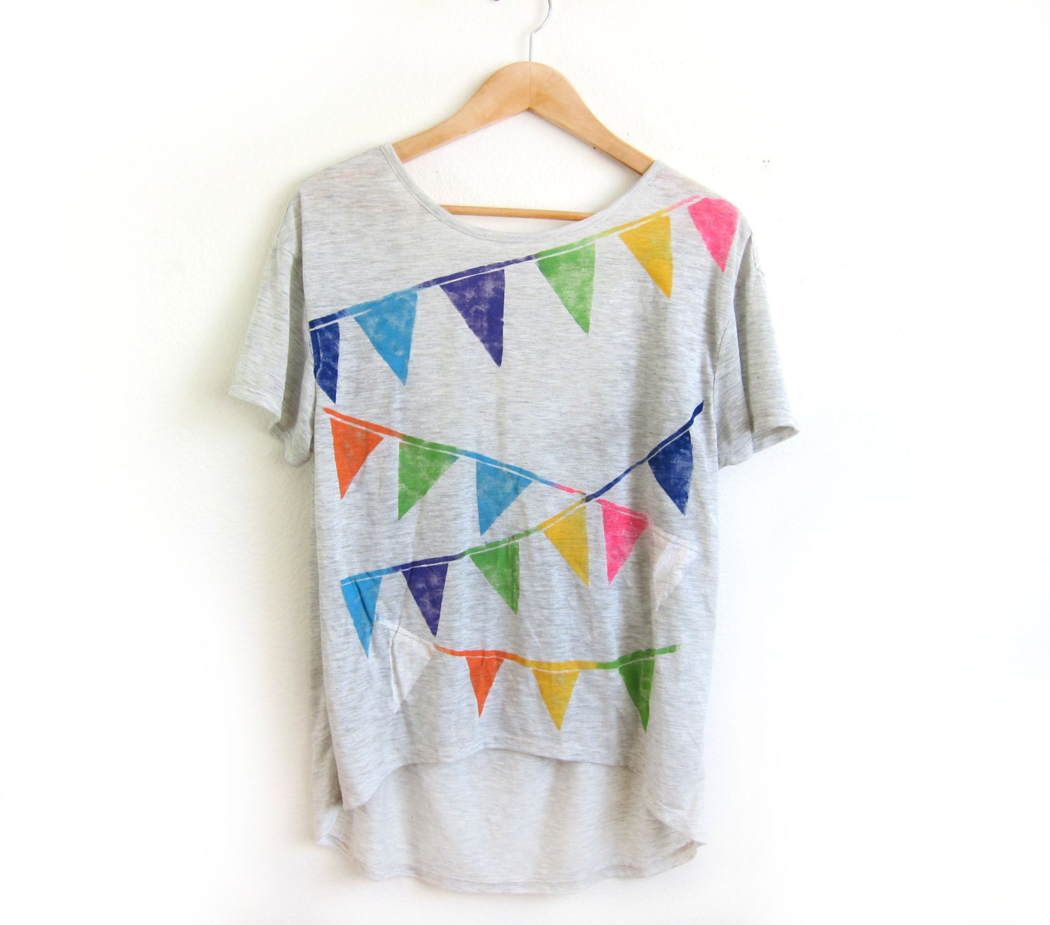 Triangle Bunting Banner HAND STENCILED Deep Scoop Back Hi Lo Heather Burnout Tee in Ash Grey Multi Rainbow - S M L XL