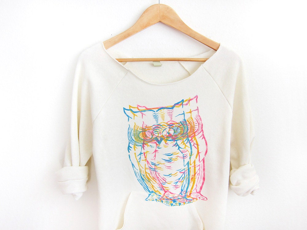 CMYK Owls Hand STENCILED Deep Scoop Neck Heather Sweatshirt in Heather Cream - S M L XL