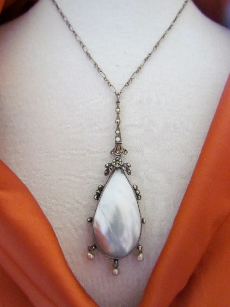 Circa 1910 Fine Silver Mother of Pearl and Marcasite Necklace