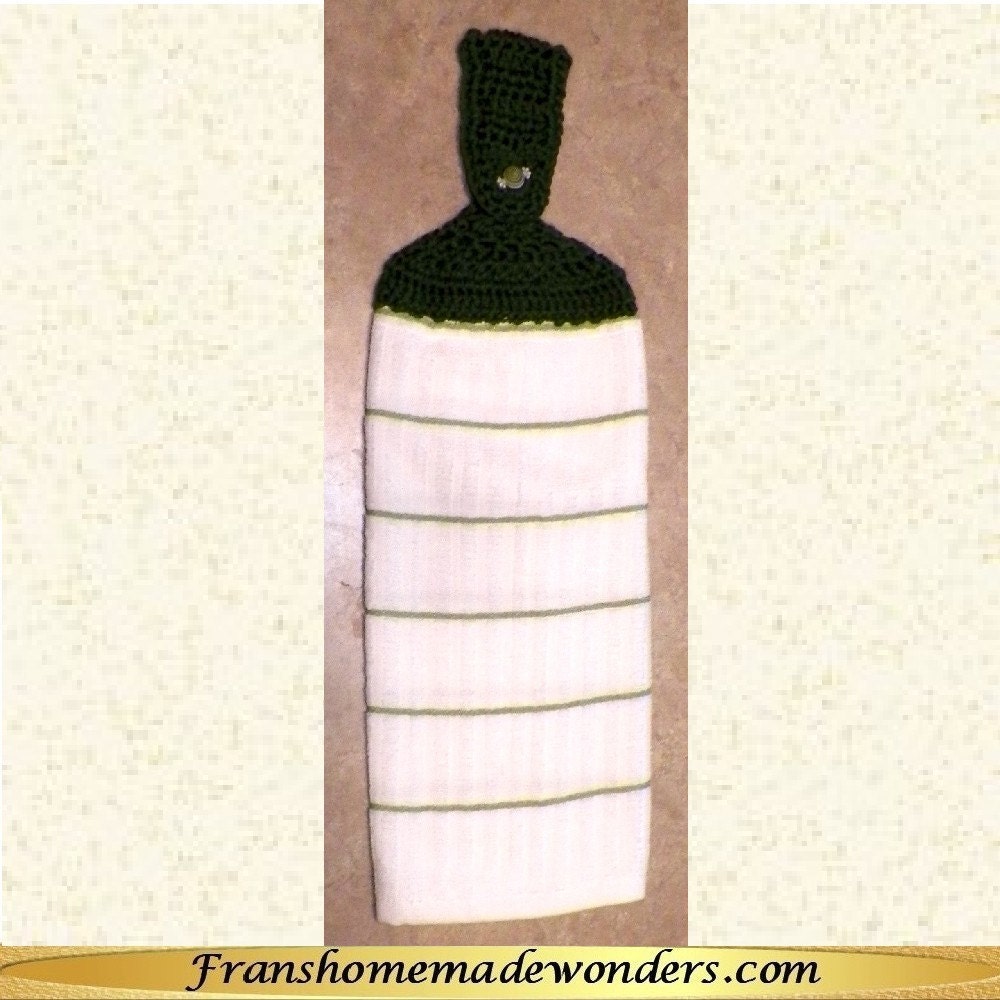 Hand Crocheted Top Double Layer Cotton Hanging Kitchen Towels - White with Green Horizontal Stripes