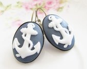 Navy Blue Anchor Earrings - Nautical Navy and White Anchor Antique Brass Lever Back Earrings - Preppy, Wedding, Bridesmaid, Bridal, Nautical