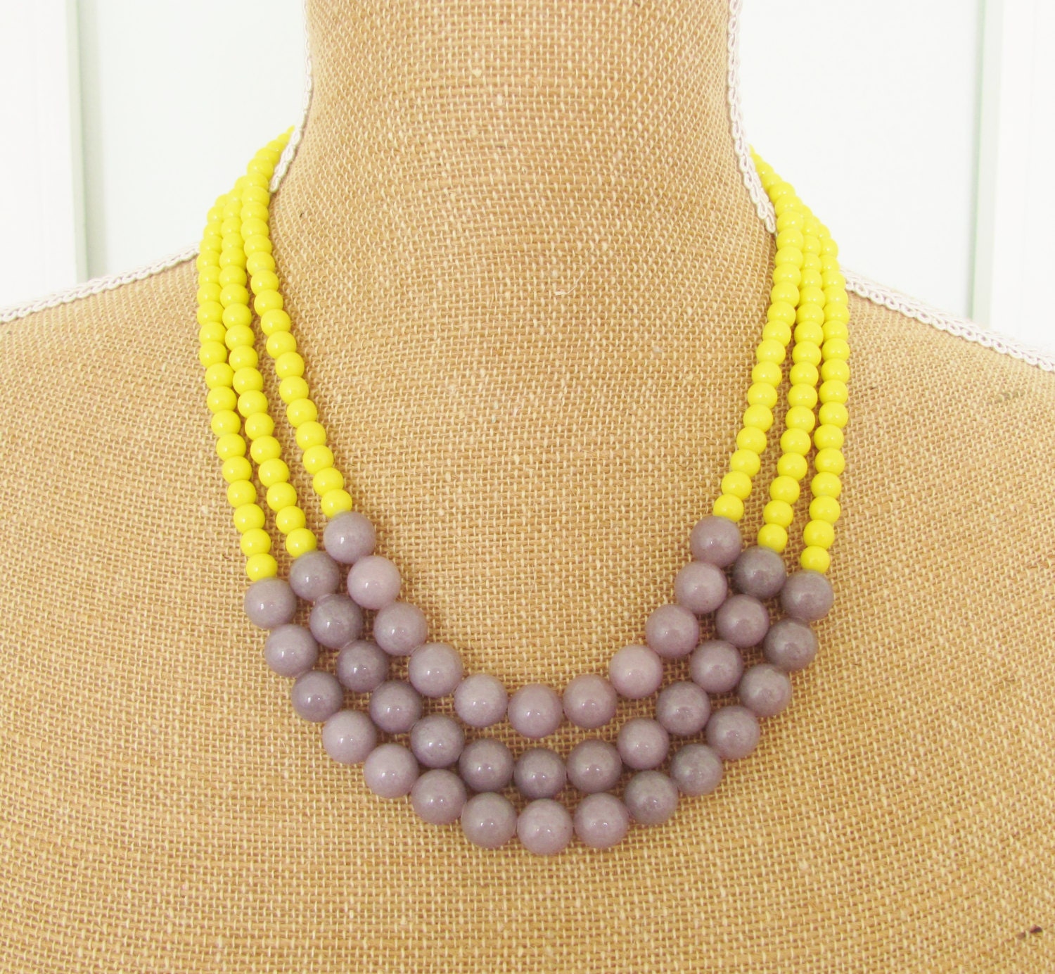 Yellow and Gray Color Block Statement Necklace Dyed Jade Triple Strand- Bridesmaid, Multistrand Necklace