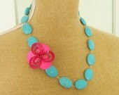 Turquoise Stone Bead and Vintage Hot Pink Enamel Flower Necklace - Chunky Preppy Necklace, Bridal, Bridesmaid Necklace Aqua Blue