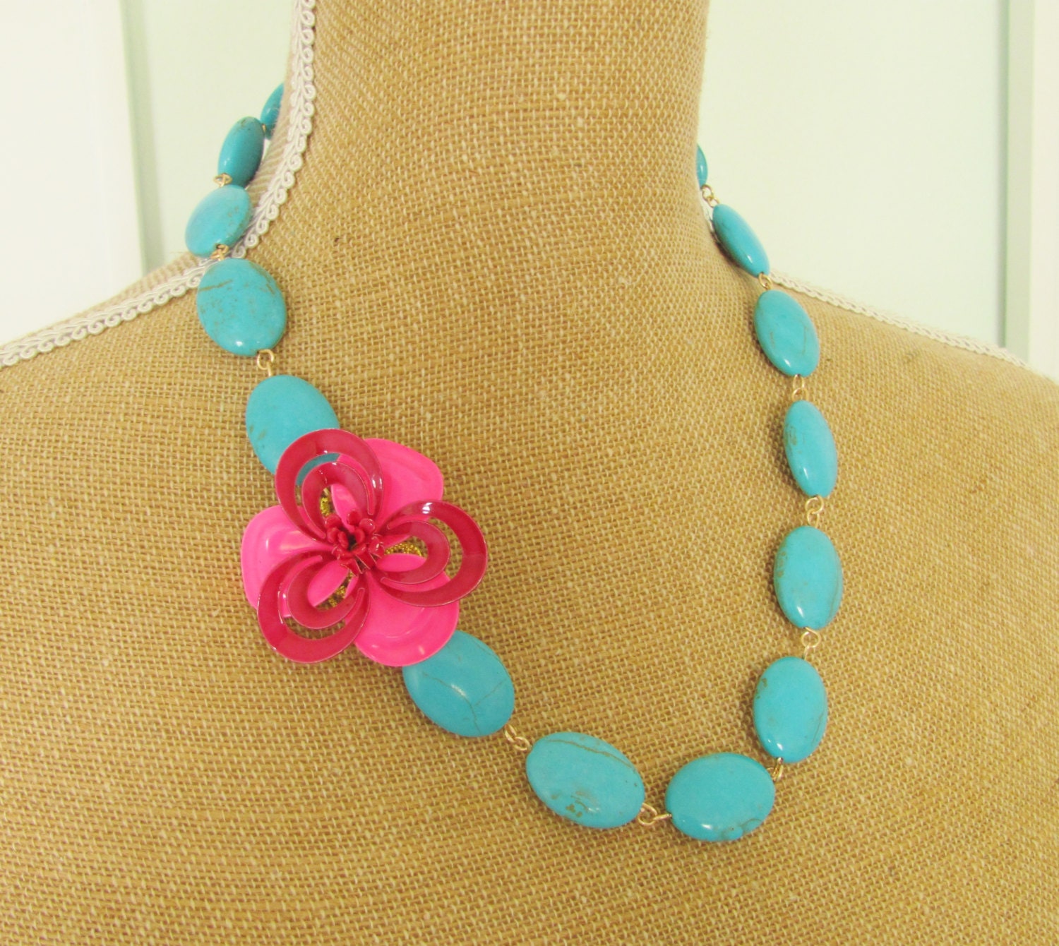 Turquoise Stone Bead and Vintage Hot Pink Enamel Flower Necklace - Chunky Preppy Necklace, Bridal, Bridesmaid Necklace Aqua Blue