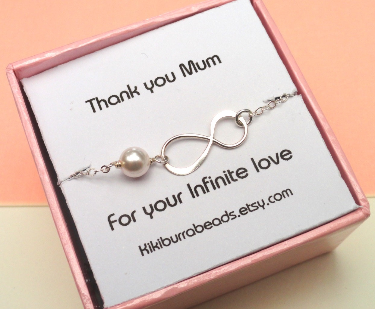 Mother's Card With Silver Infinity Bracelet - Pearl Bracelet Mother's Day Gift