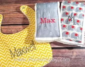 Baby Gift Set of 3 - 2 Personalized Burp Cloths and 1 Personalized Bib - You Choose your Fabric - Baby Shower Gift