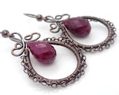 Genuine ruby earrings - Teardrop Copper earrings, wire wrapped copper jewelry, Handmade red ruby earrings,