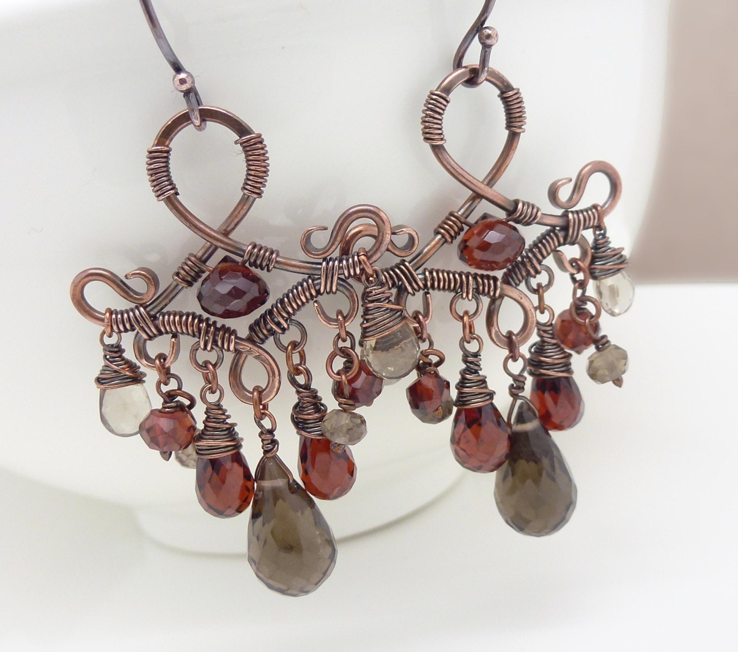 Red garnet earrings, Wire wrapped copper earrings, Smoky quartz Garnet chandelier earrings, Wire wrapped earrings, Handmade copper jewelry