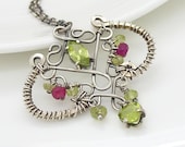 Green peridot necklace, Sterling silver, Peridot wire wrapped jewelry, Handmade ruby and peridot jewelry
